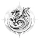 A dotwork tattoo showcasing a dragon inspired by Welsh mythology, with the word 'Wales' subtly integrated into the scales. tattoo design idea