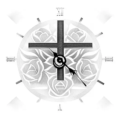 Clock with a Church cross and roses tattoo design idea