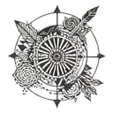 trash polka style , karma in circle , arrow tattoo design idea