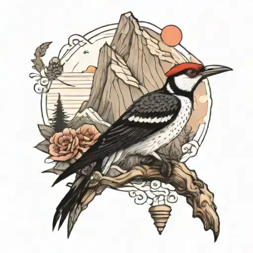 an arm, from top to bottom, a Woodpecker, Mountains, Hills, Sea, creatures d tattoo design idea