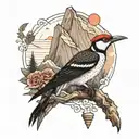 an arm, from top to bottom, a Woodpecker, Mountains, Hills, Sea, creatures d tattoo design idea
