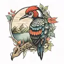 an arm, from top to bottom, a Woodpecker, Mountains, Hills, Sea, creatures d tattoo design idea