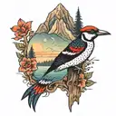 an arm, from top to bottom, a Woodpecker, Mountains, Hills, Sea, creatures d tattoo design idea