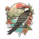 an arm, from top to bottom, a Woodpecker, Mountains, Hills, Sea, creatures d tattoo design idea