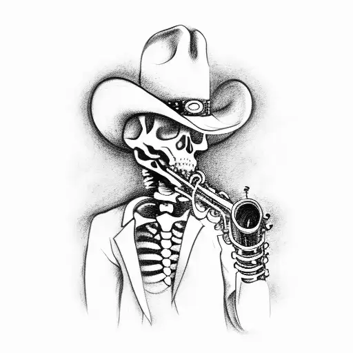 skeleton wearing cowboy hat holding saxophone  tattoo design idea