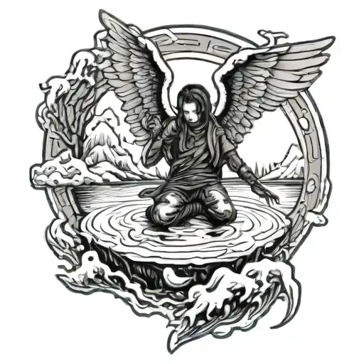a fallen angel in the ninth circle of hell on a frozen lake feelong lonely tattoo design idea