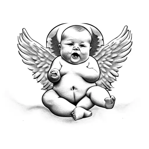 chubby baby Angel hugging cross tattoo design idea
