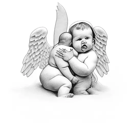 chubby baby Angel hugging cross tattoo design idea