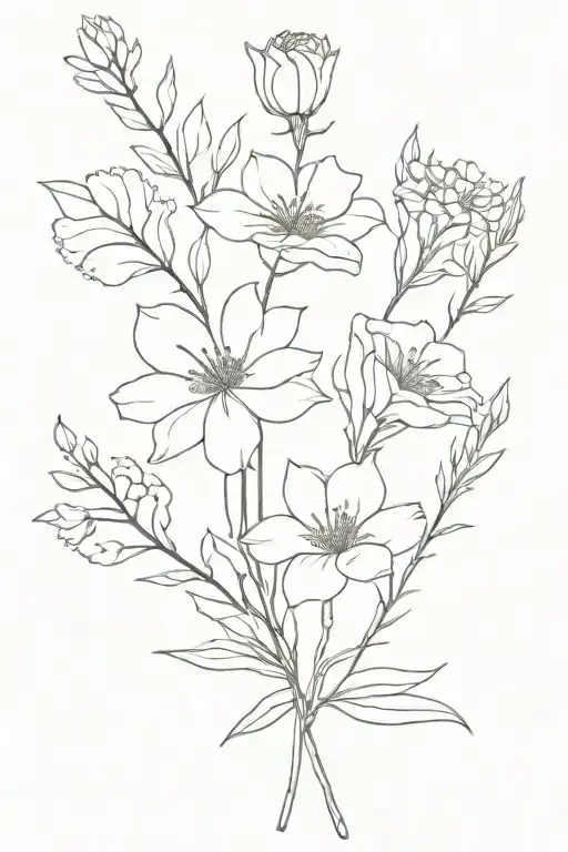bouquet fine line birth flowers November, December, and September. with the stem having the word delicate  tattoo design idea