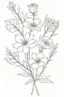 bouquet fine line birth flowers November, December, and September. with the stem having the word delicate  tattoo design idea