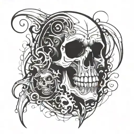 A full sleeve tattoo, Grunge-ish style with a skull incorporated somewhere. tattoo design idea