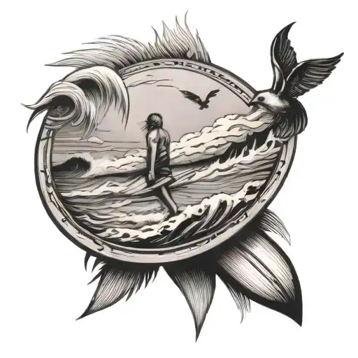 PLAGE AVEC UNE PETITE PLANCHE DE SURF AUTOUR D'UN ROND. AU DESSUS IL Y A UNE CROIX CHRETIENNE ET DES AILES D'ANGE tattoo design idea