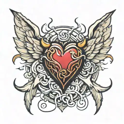 human heart with devils wings and a halo tattoo design idea