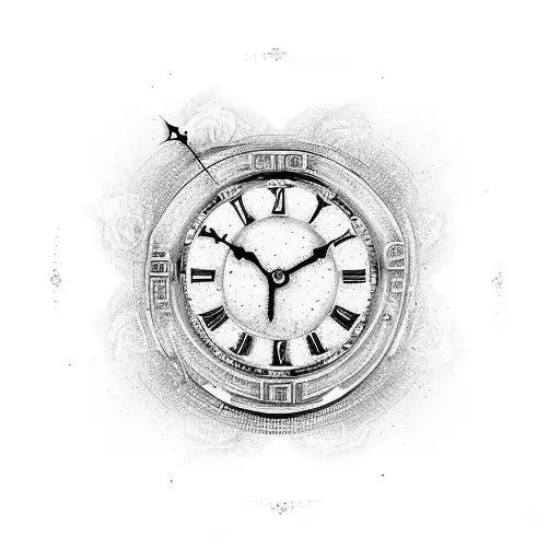 An ancient clock surrounded by roses in a black-grey style tattoo design idea