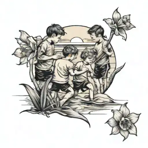 Three boys playing by a beach with a daffodil in the foreground tattoo design idea