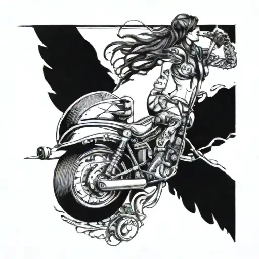 An intricate blackwork tattoo of a woman standing on a motorcycle, surrounded by hunting and fishing gear tattoo design idea