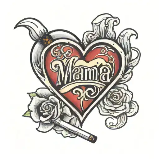 traditional style mom heart tattoo with "MAMA" with a lit cigarette thru it and "TRIED" written in smoke tattoo design idea