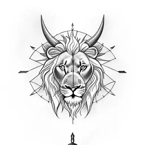 half bull face next to half lion face and the sagitarius sun and arrow very realistic tattoo design idea