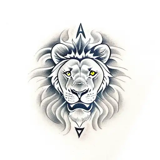 half bull face on the left and a half lion face on the right and the sagitarius sun and arrow very realistic tattoo design idea