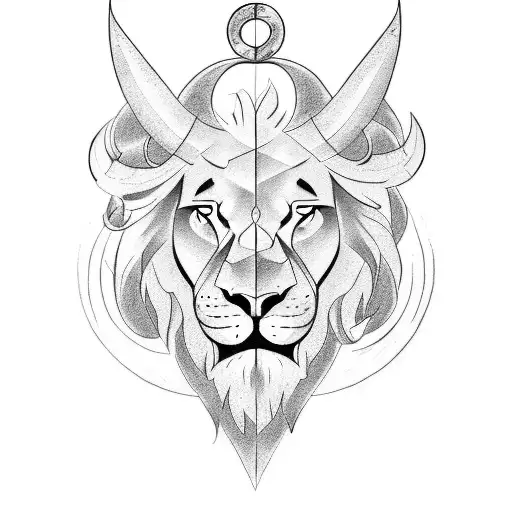 half bull face with half lion face and the sagitarius sun and arrow tattoo design idea