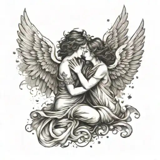 Two angels embracing each other with Japanese kanji tattoo design idea