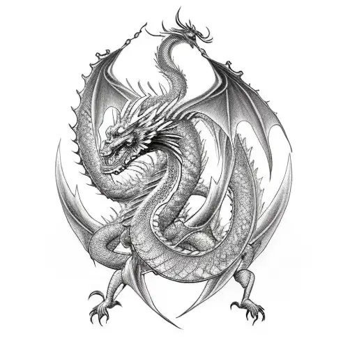 Majestic dragon coiled around a tower, evoking the fantasy epic. tattoo design idea
