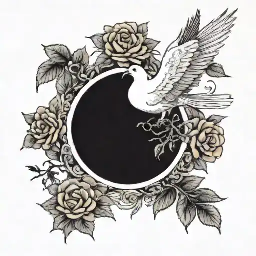 Japanese Chinese tree with dove and sunflowers and roses  tattoo design idea