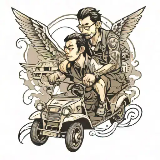 Father and son in a honda city car tattoo design idea