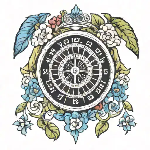 roulette wheel with 23,24,5,14,8,74, cross, African bluebell flower tattoo design idea