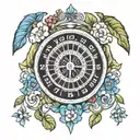 roulette wheel with 23,24,5,14,8,74, cross, African bluebell flower tattoo design idea