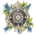 roulette wheel with 23,24,5,14,8,74, cross, African bluebell flower tattoo design idea