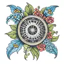 roulette wheel with 23,24,5,14,8,74, cross, African bluebell flower tattoo design idea