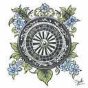 roulette wheel with 23,24,5,14,8,74, cross, African bluebell flower tattoo design idea