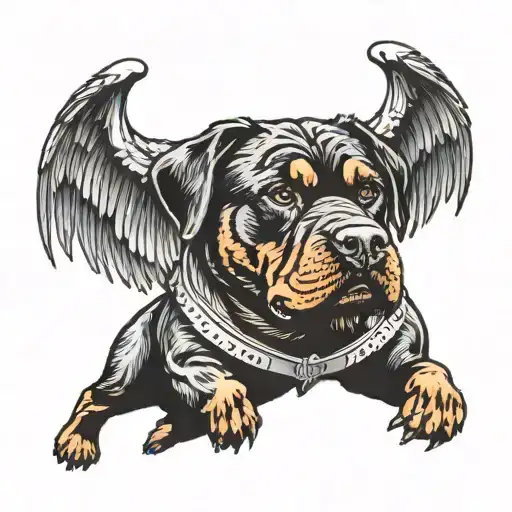 A powerful rottweiler with angel wings lifting weights, symbolizing strength and discipline tattoo design idea