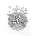 crane dove banyan tree tattoo design idea