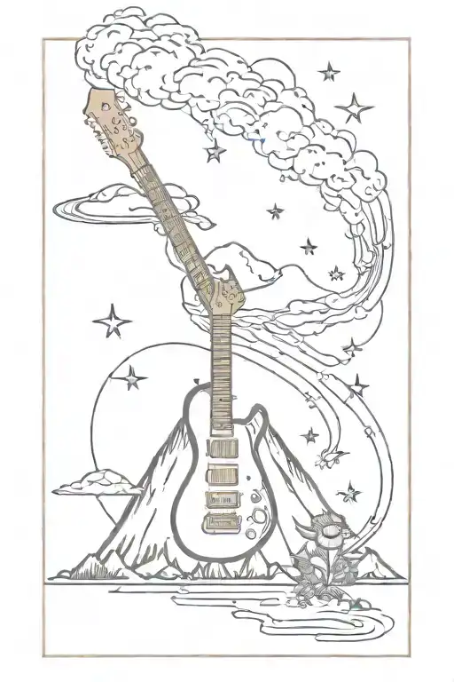sketch of a tattoo with a volcano, electric guitar, Polaroid, UFO, chamomile, remote control, star tattoo design idea