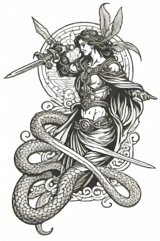 guardian angel with a sword fighting snake wrapped tattoo design idea