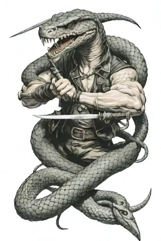 tyriel  holding sword fighting snake tattoo design idea