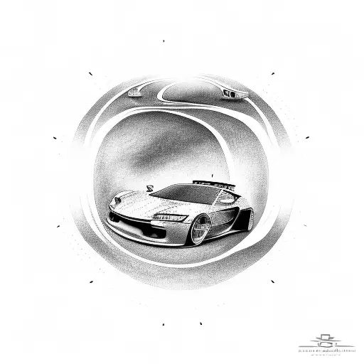 A car enthusiast's dream tattoo depicting a sleek sports car speeding through a winding road, with dotwork shading for added depth tattoo design idea
