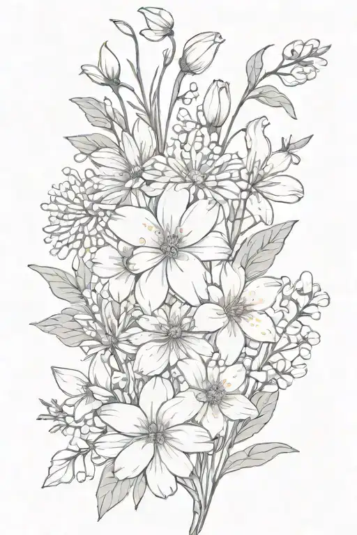 Fine line Tattoo bouquet of aster, cosmo, carnation, snowdrop, primrose, lily of the valley flowers tattoo design idea