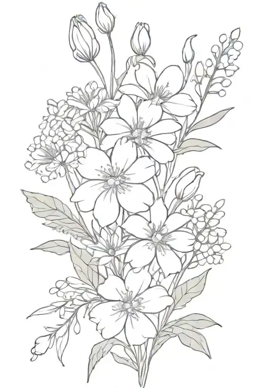 Fine line Tattoo bouquet of aster, cosmo, carnation, snowdrop, primrose, lily of the valley flowers tattoo design idea