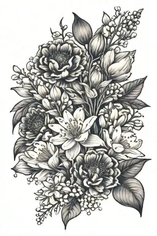 Fine line Tattoo consisting of the following flowers: aster, cosmo, carnation, snowdrop, primrose, lily of the valley tattoo design idea