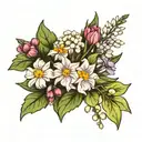 flower bundle of aster, cosmo, carnation, snowdrop, primrose, lily of the valley tattoo design idea