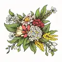 flower bundle of aster, cosmo, carnation, snowdrop, primrose, lily of the valley tattoo design idea