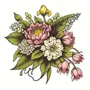 flower bundle of aster, cosmo, carnation, snowdrop, primrose, lily of the valley tattoo design idea
