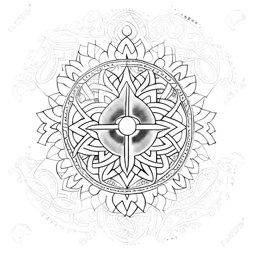 Unique spiritual tattoo: symbols from various religions converging towards cosmic energy, symbolizing God. tattoo design idea