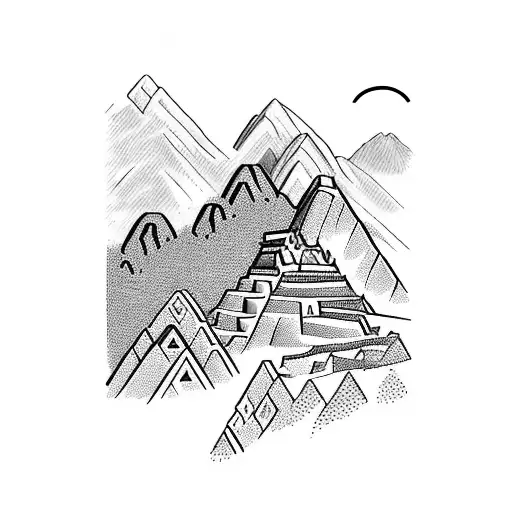 A mesmerizing blackwork tattoo depicting the iconic Machu Picchu with lush Amazon rainforest in the background tattoo design idea