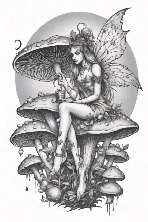 a magical fairy sitting on mushrooms looking at the moon tattoo design idea