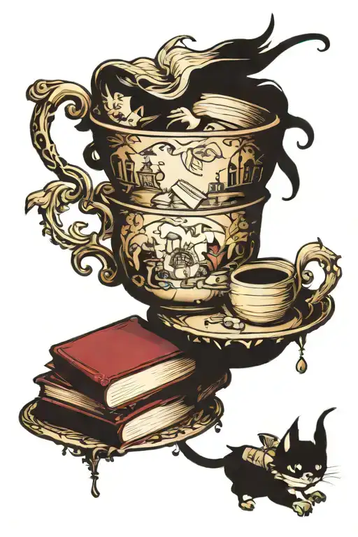 chipped tea cup held togther with books and faries tattoo design idea