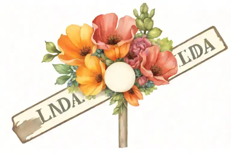A street sign (black on white) spelling "Linda", surrounded completely by California poppies, succulents and cacti. tattoo design idea